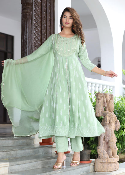 Rayon Printed Kurta with Pants & Dupatta Set for Women Long Middle Cut Kurtis