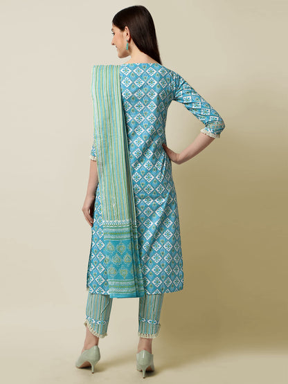 Women's Straight Fit Cotton Floral Printed and Embellished Kurta Set with Trouser Pant and Dupatta