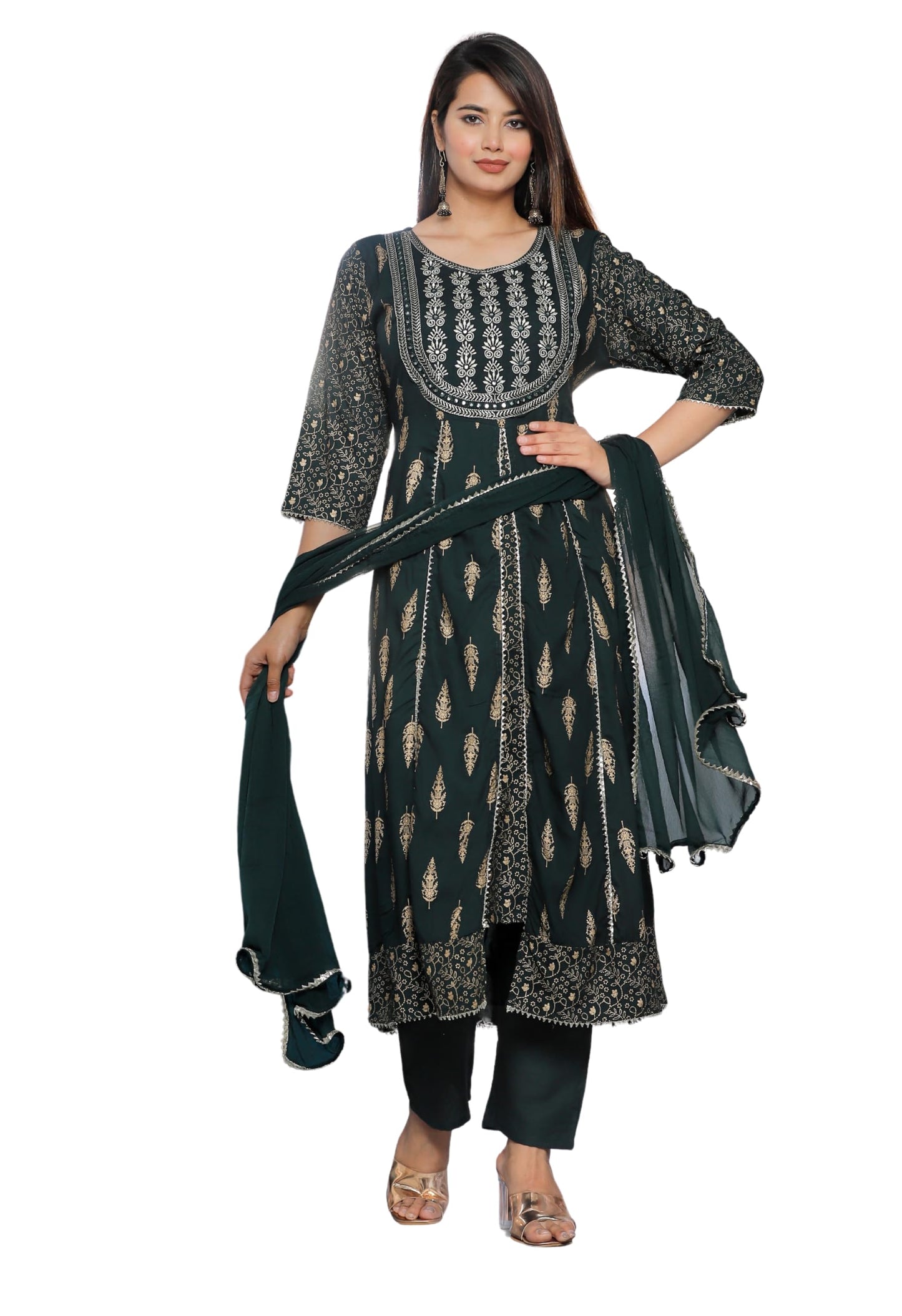 Rayon Printed Kurta with Pants & Dupatta Set for Women Long Middle Cut Kurtis