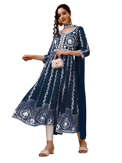 EthnicJunction Women's Georgette Chikankari Embroidery Anarkali Kurta & Dupatta Set