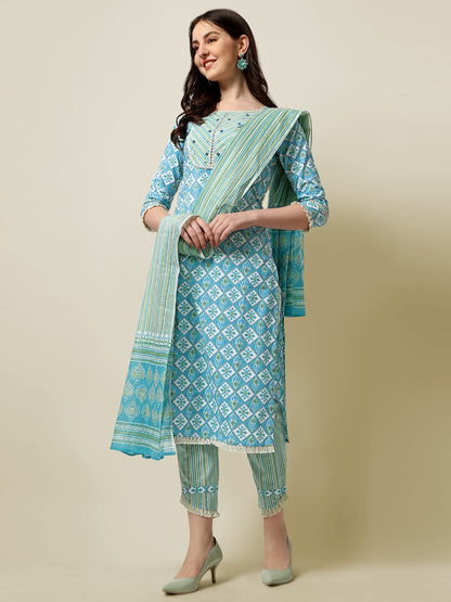 Women's Straight Fit Cotton Floral Printed and Embellished Kurta Set with Trouser Pant and Dupatta