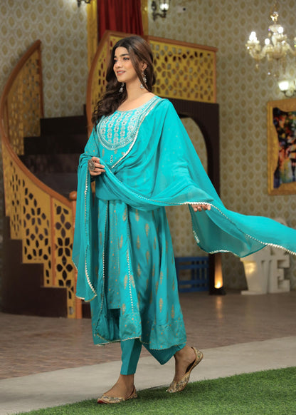 Rayon Printed Kurta with Pants & Dupatta Set for Women Long Middle Cut Kurtis