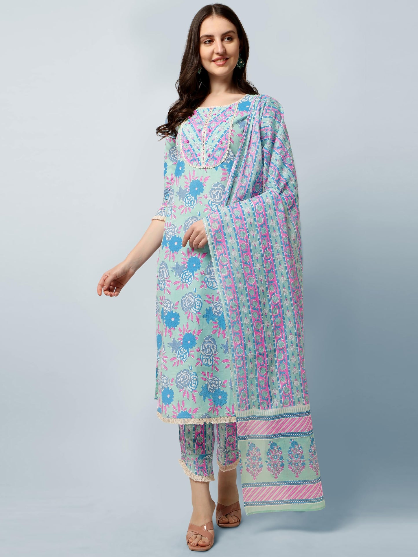 Women's Straight Fit Cotton Floral Printed and Embellished Kurta Set with Trouser Pant and Dupatta