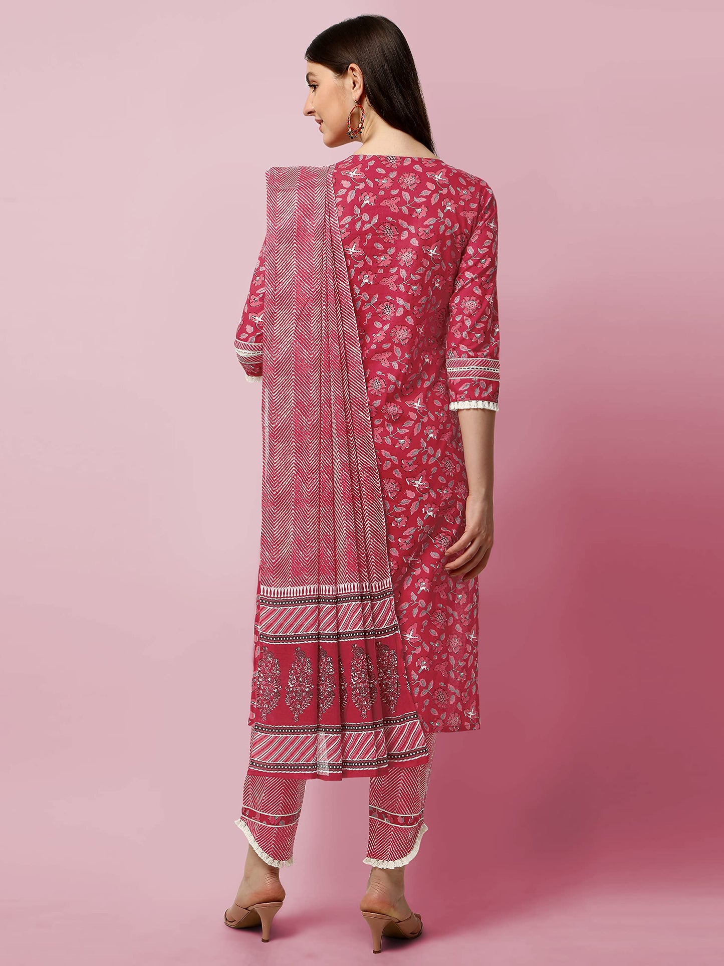 Women's Straight Fit Cotton Floral Printed and Embellished Kurta Set with Trouser Pant and Dupatta