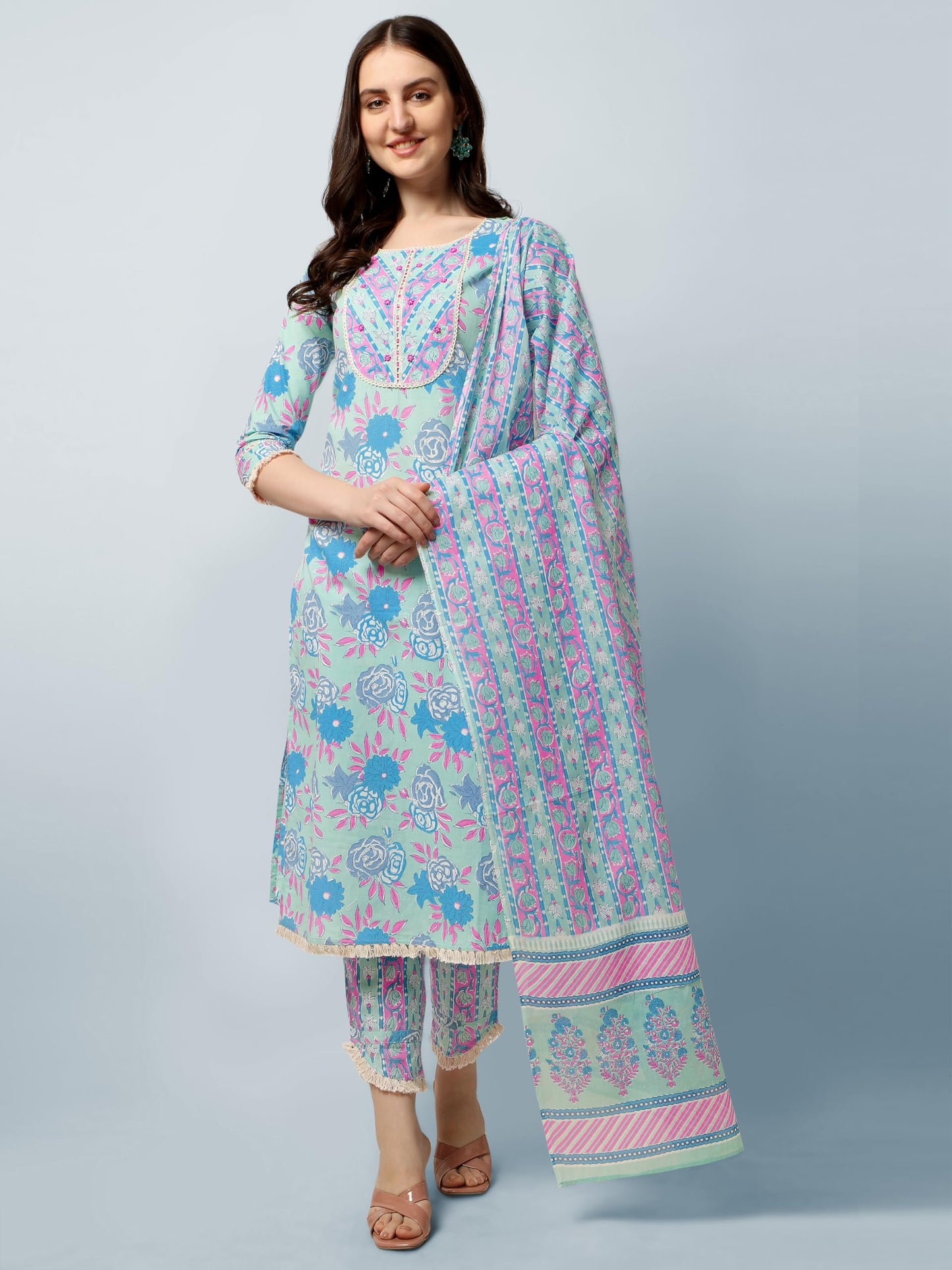 Women's Straight Fit Cotton Floral Printed and Embellished Kurta Set with Trouser Pant and Dupatta