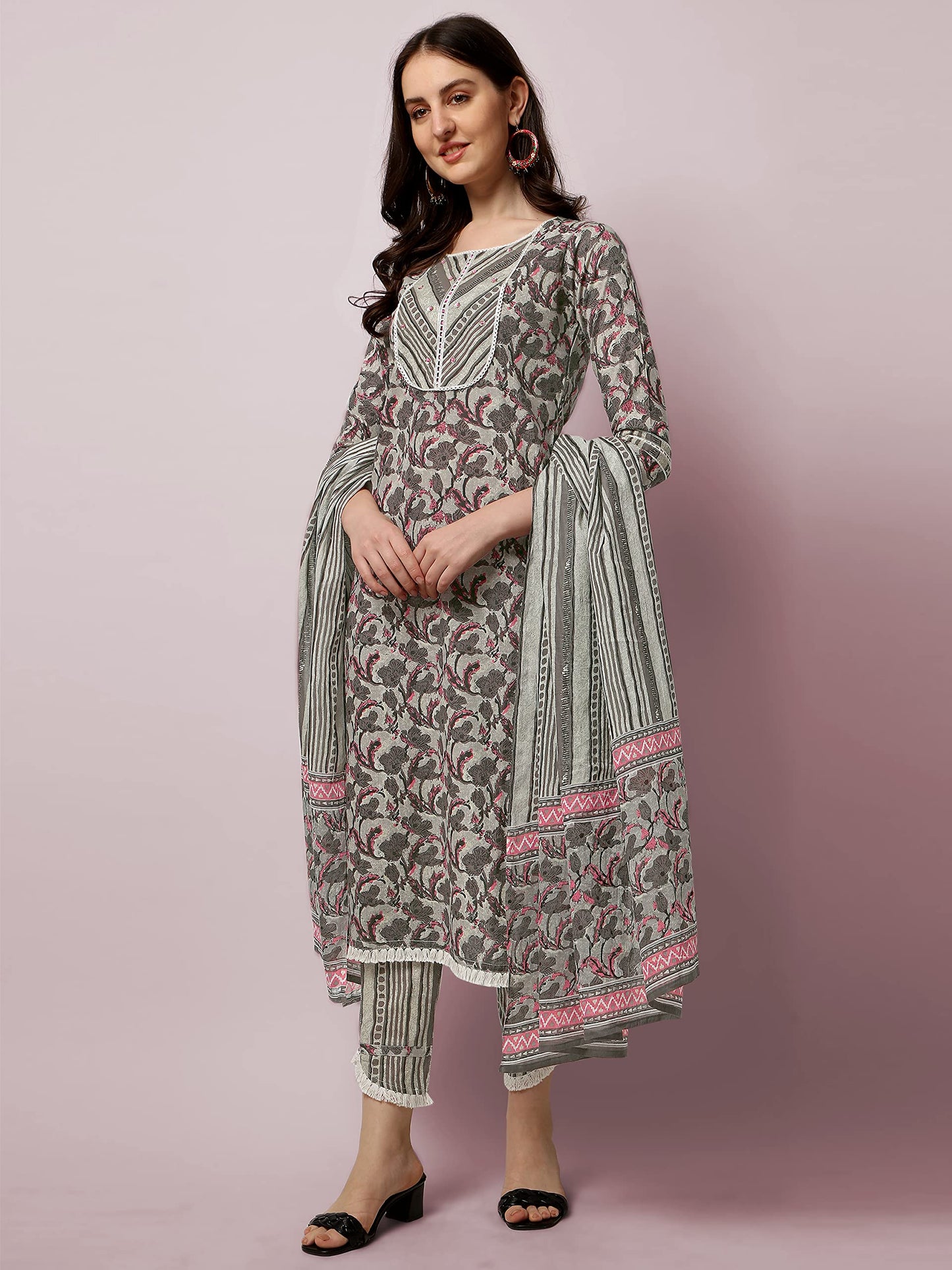 Women's Straight Fit Cotton Floral Printed and Embellished Kurta Set with Trouser Pant and Dupatta