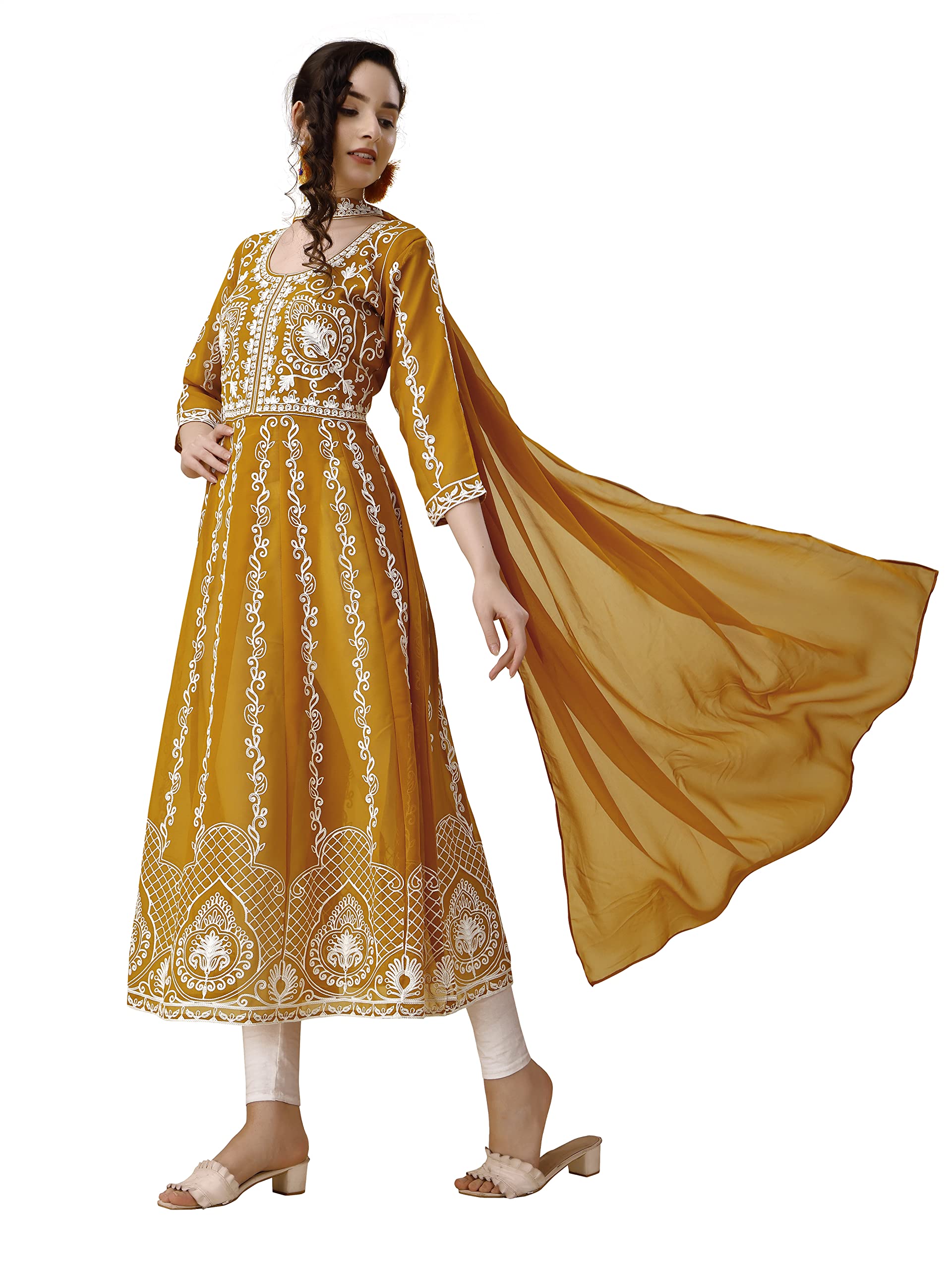 EthnicJunction Women's Georgette Chikankari Embroidery Anarkali Kurta & Dupatta Set