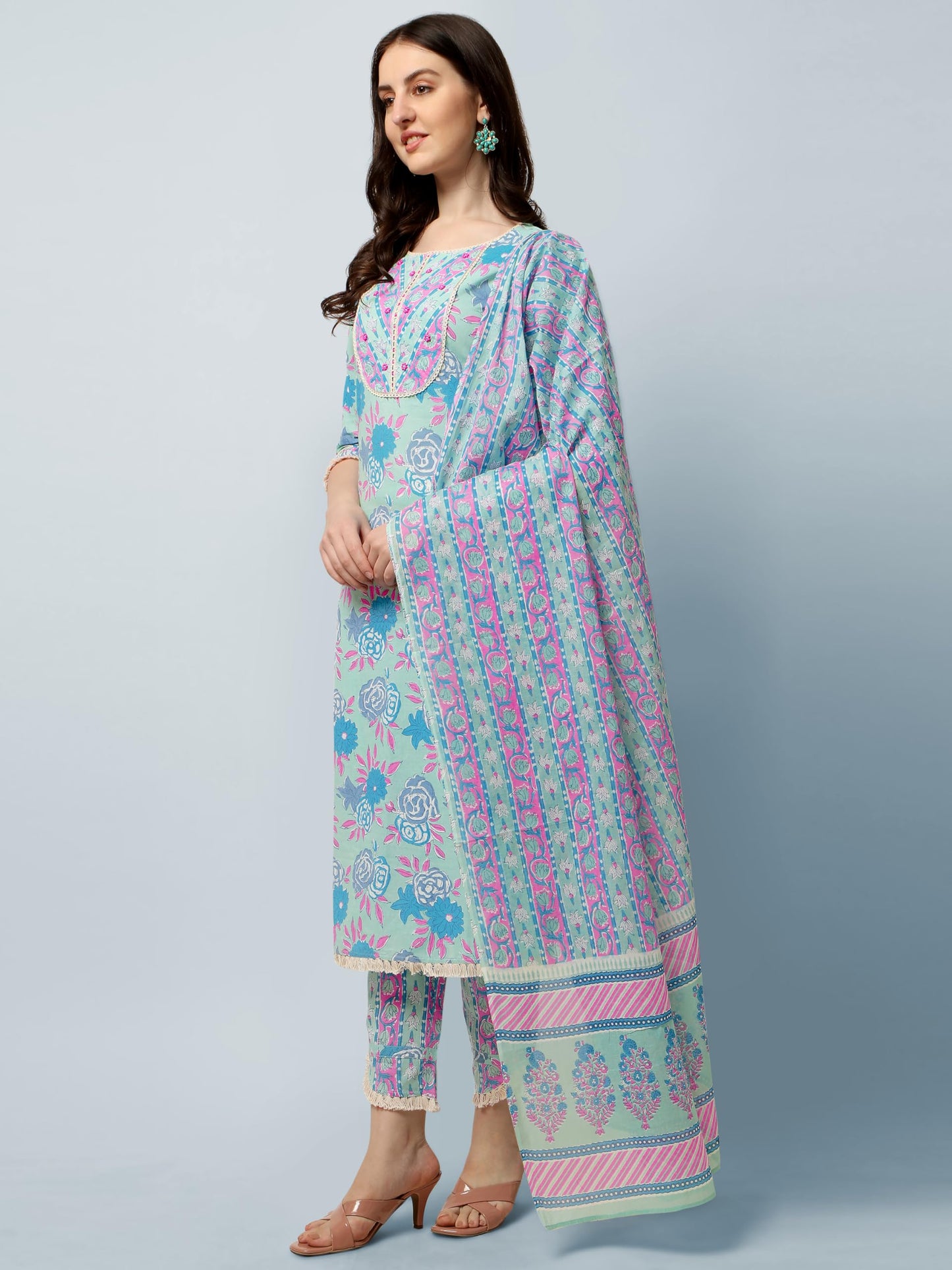 Women's Straight Fit Cotton Floral Printed and Embellished Kurta Set with Trouser Pant and Dupatta