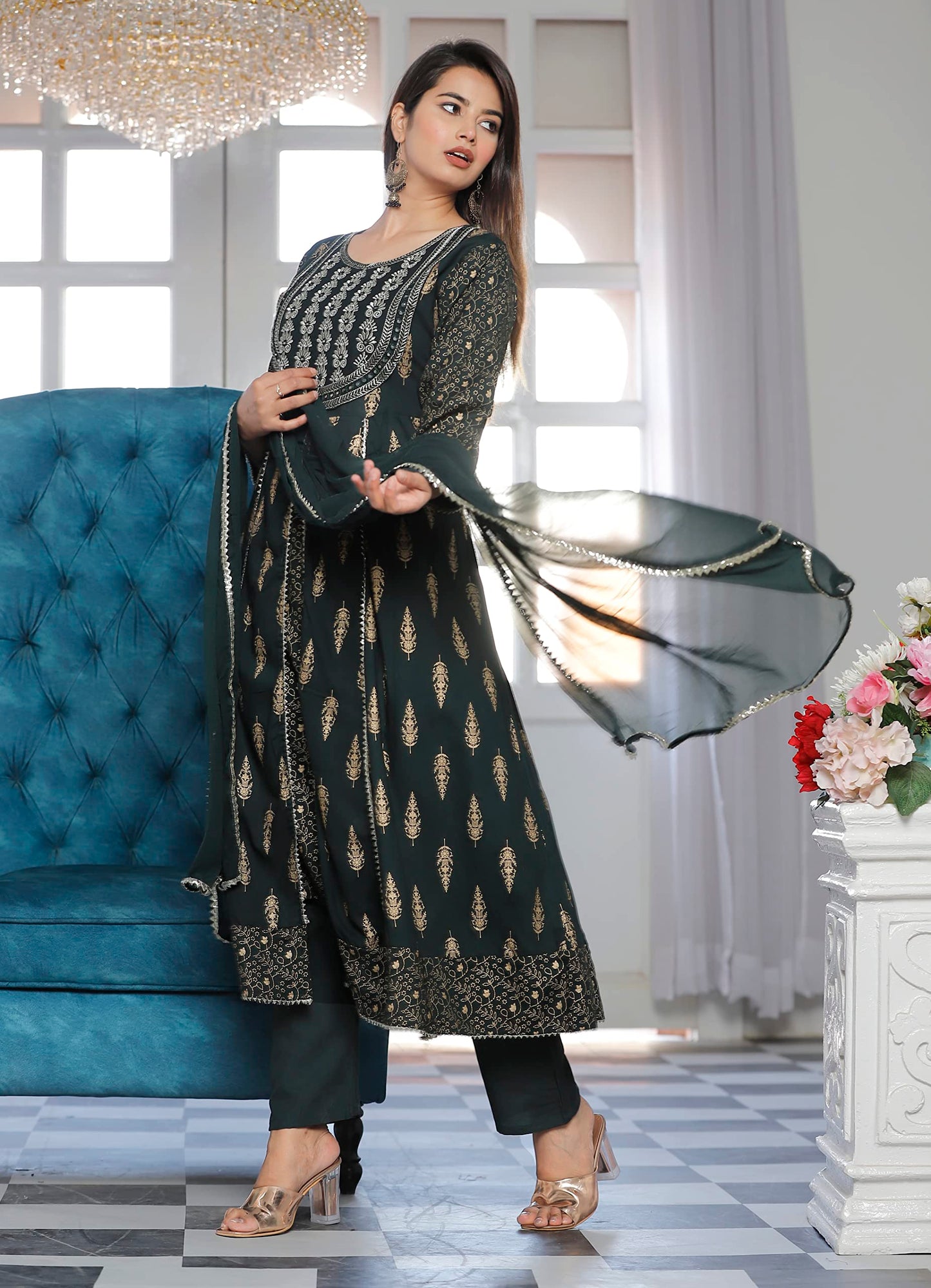 Rayon Printed Kurta with Pants & Dupatta Set for Women Long Middle Cut Kurtis