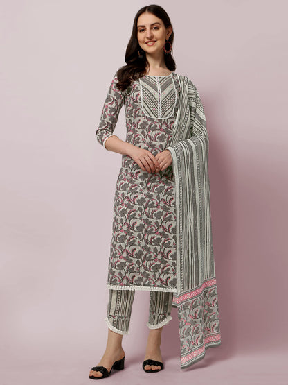 Women's Straight Fit Cotton Floral Printed and Embellished Kurta Set with Trouser Pant and Dupatta