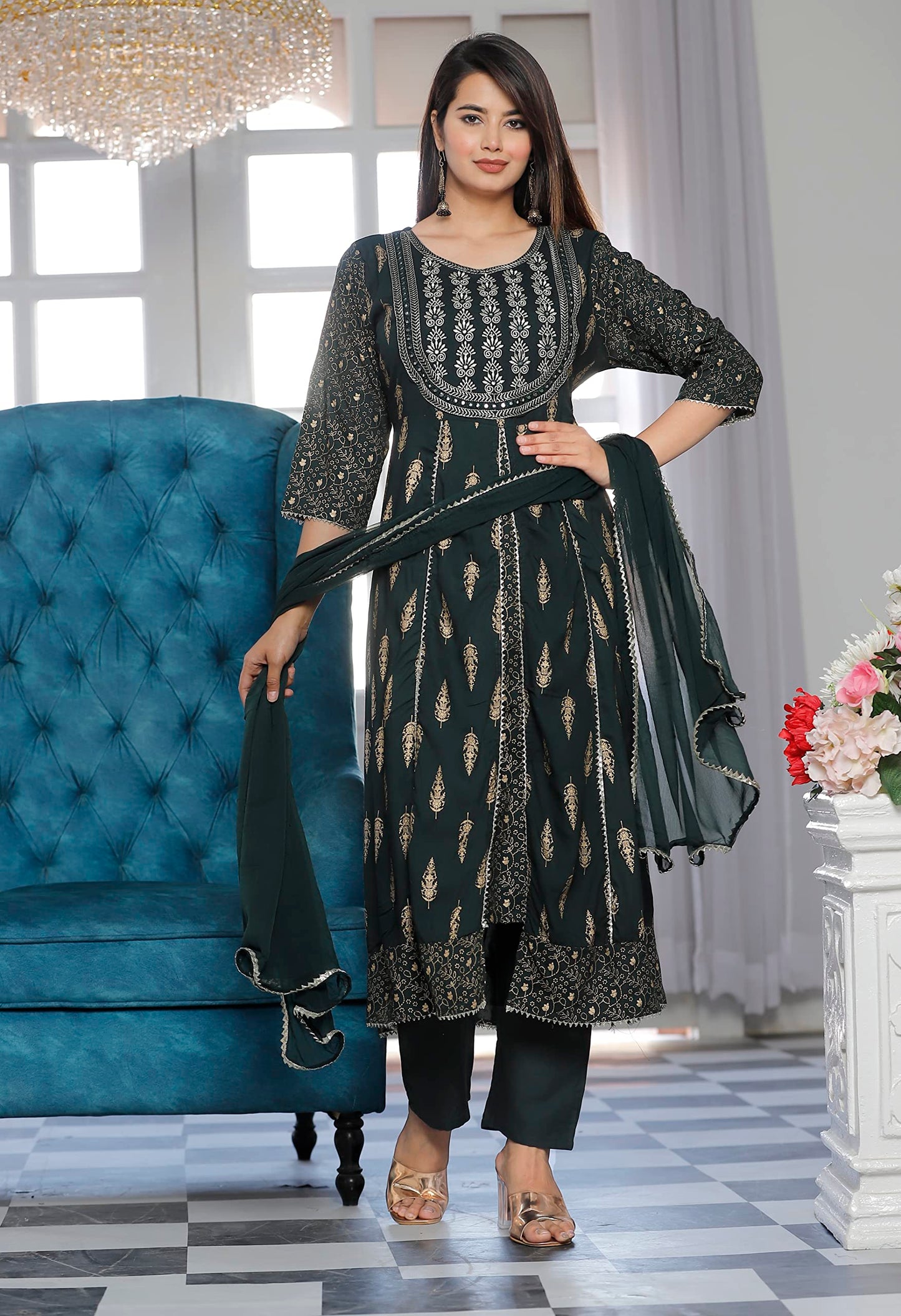 Rayon Printed Kurta with Pants & Dupatta Set for Women Long Middle Cut Kurtis