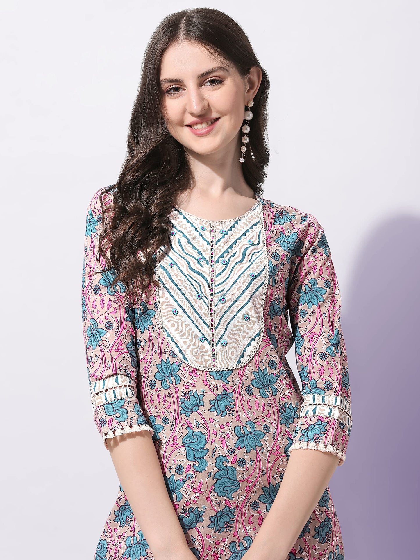 Women's Straight Fit Cotton Floral Printed and Embellished Kurta Set with Trouser Pant and Dupatta