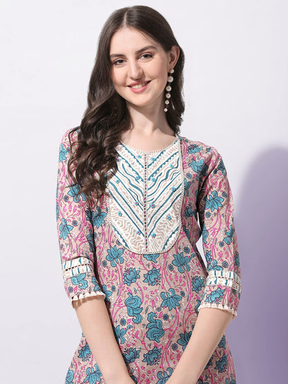 Women's Straight Fit Cotton Floral Printed and Embellished Kurta Set with Trouser Pant and Dupatta