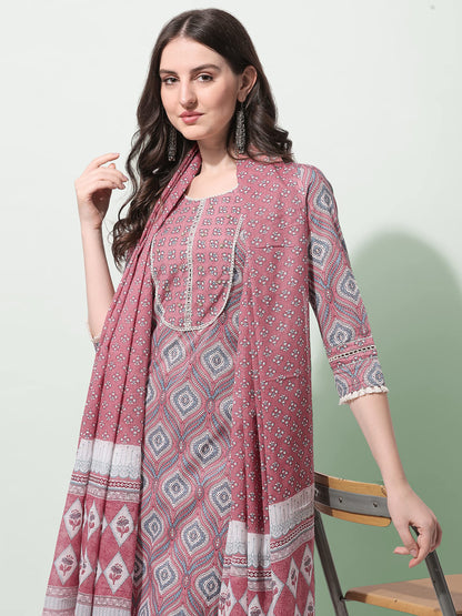 Women's Straight Fit Cotton Floral Printed and Embellished Kurta Set with Trouser Pant and Dupatta