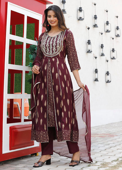 Rayon Printed Kurta with Pants & Dupatta Set for Women Long Middle Cut Kurtis