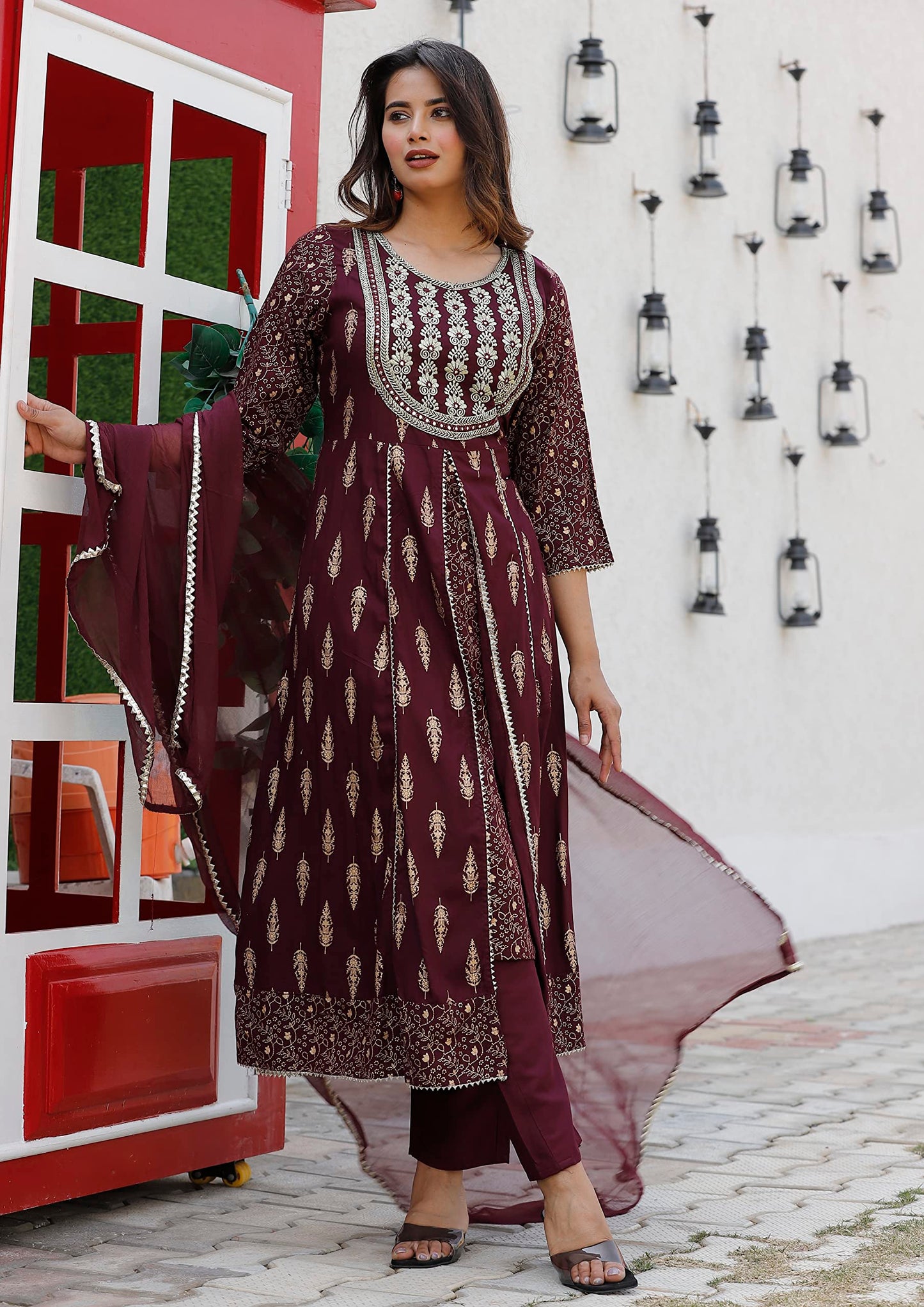 Rayon Printed Kurta with Pants & Dupatta Set for Women Long Middle Cut Kurtis