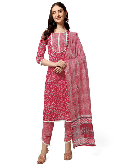 Women's Straight Fit Cotton Floral Printed and Embellished Kurta Set with Trouser Pant and Dupatta