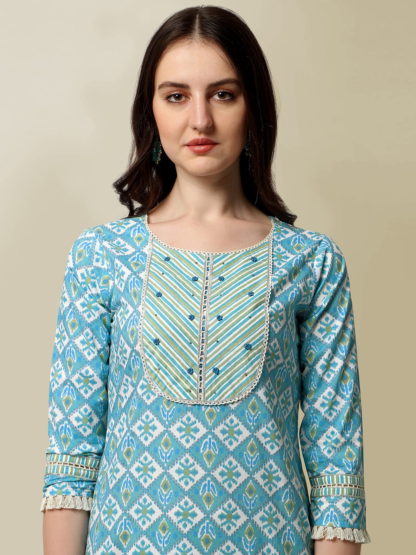 Women's Straight Fit Cotton Floral Printed and Embellished Kurta Set with Trouser Pant and Dupatta