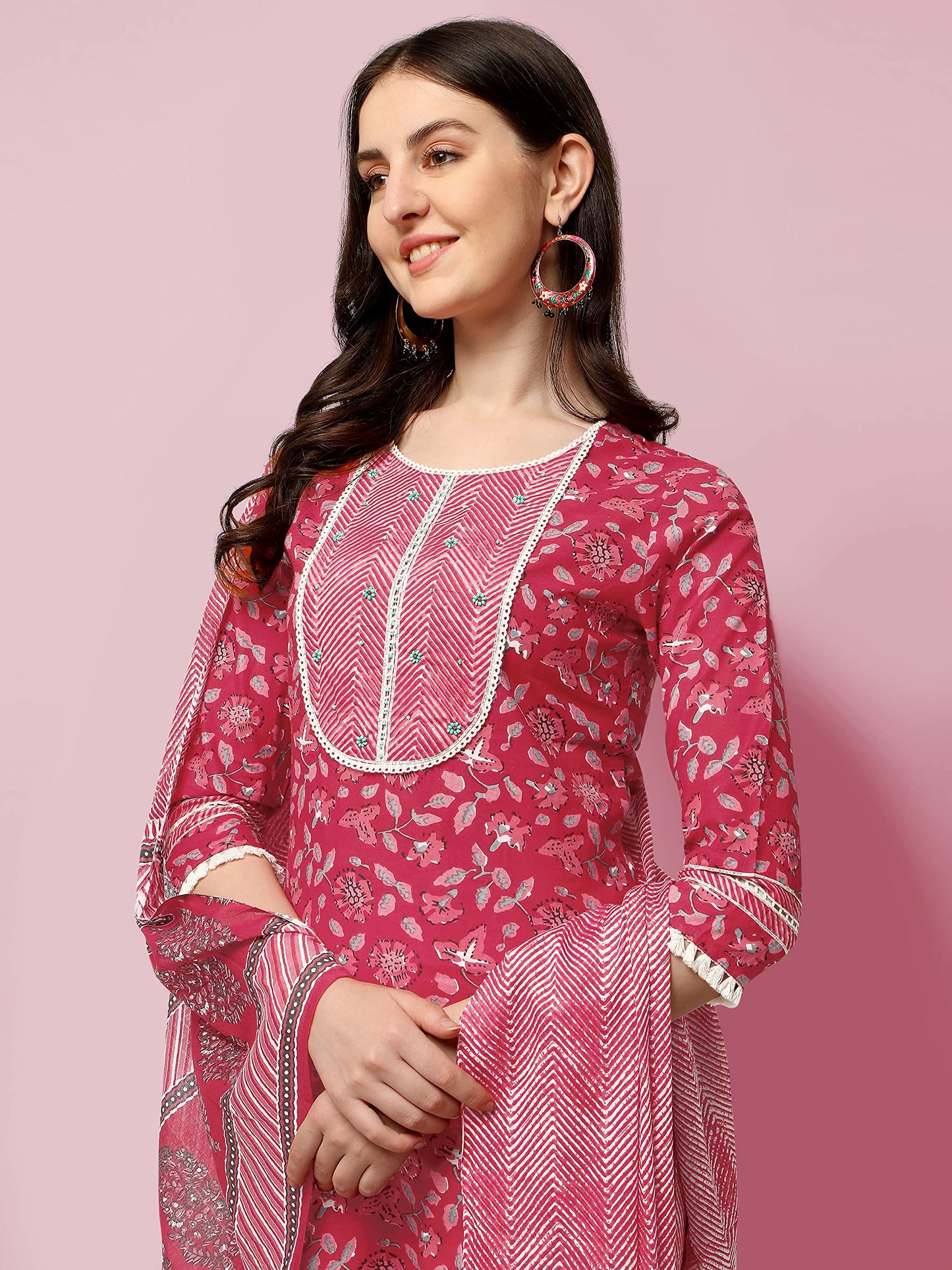 Women's Straight Fit Cotton Floral Printed and Embellished Kurta Set with Trouser Pant and Dupatta