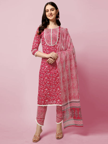 Women's Straight Fit Cotton Floral Printed and Embellished Kurta Set with Trouser Pant and Dupatta