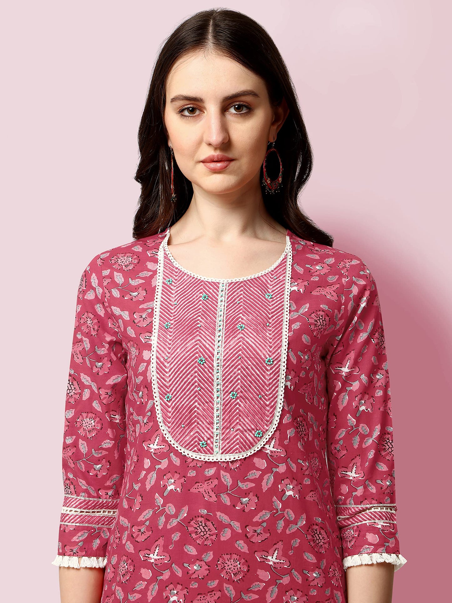 Women's Straight Fit Cotton Floral Printed and Embellished Kurta Set with Trouser Pant and Dupatta