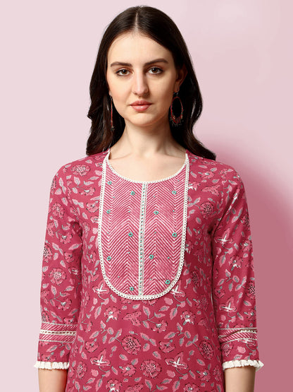 Women's Straight Fit Cotton Floral Printed and Embellished Kurta Set with Trouser Pant and Dupatta