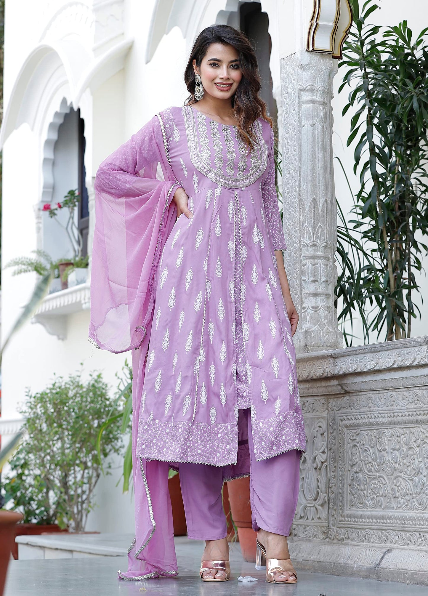 Rayon Printed Kurta with Pants & Dupatta Set for Women Long Middle Cut Kurtis