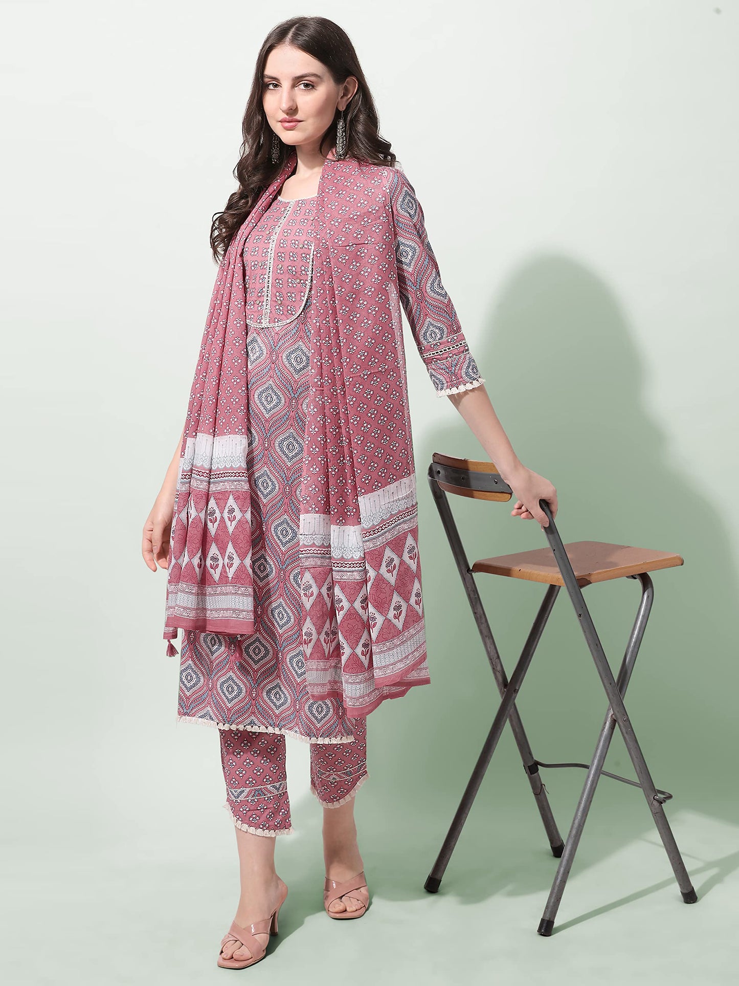 Women's Straight Fit Cotton Floral Printed and Embellished Kurta Set with Trouser Pant and Dupatta