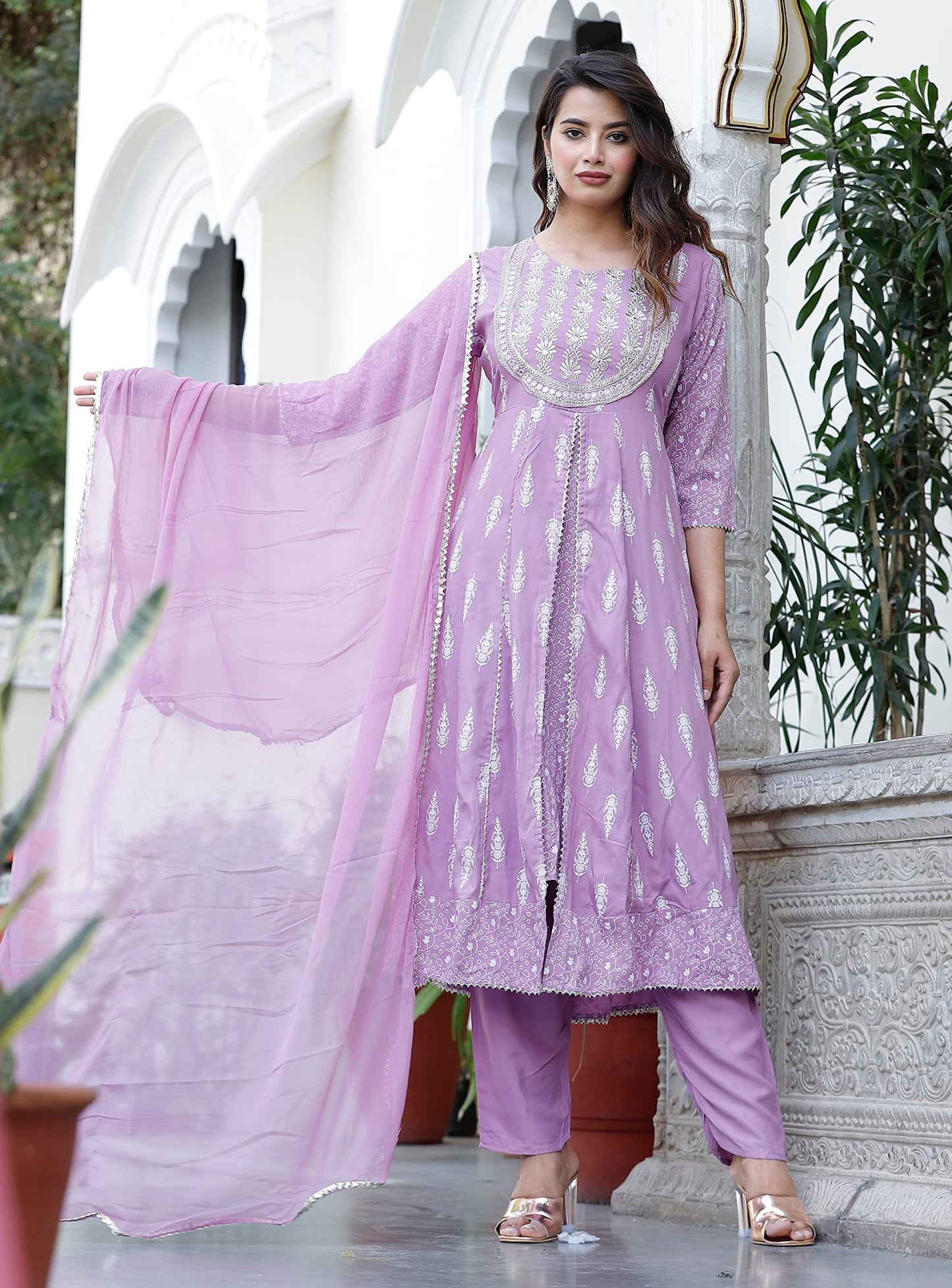 Rayon Printed Kurta with Pants & Dupatta Set for Women Long Middle Cut Kurtis