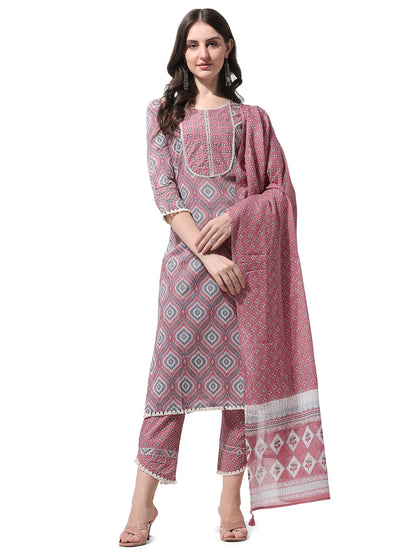 Women's Straight Fit Cotton Floral Printed and Embellished Kurta Set with Trouser Pant and Dupatta