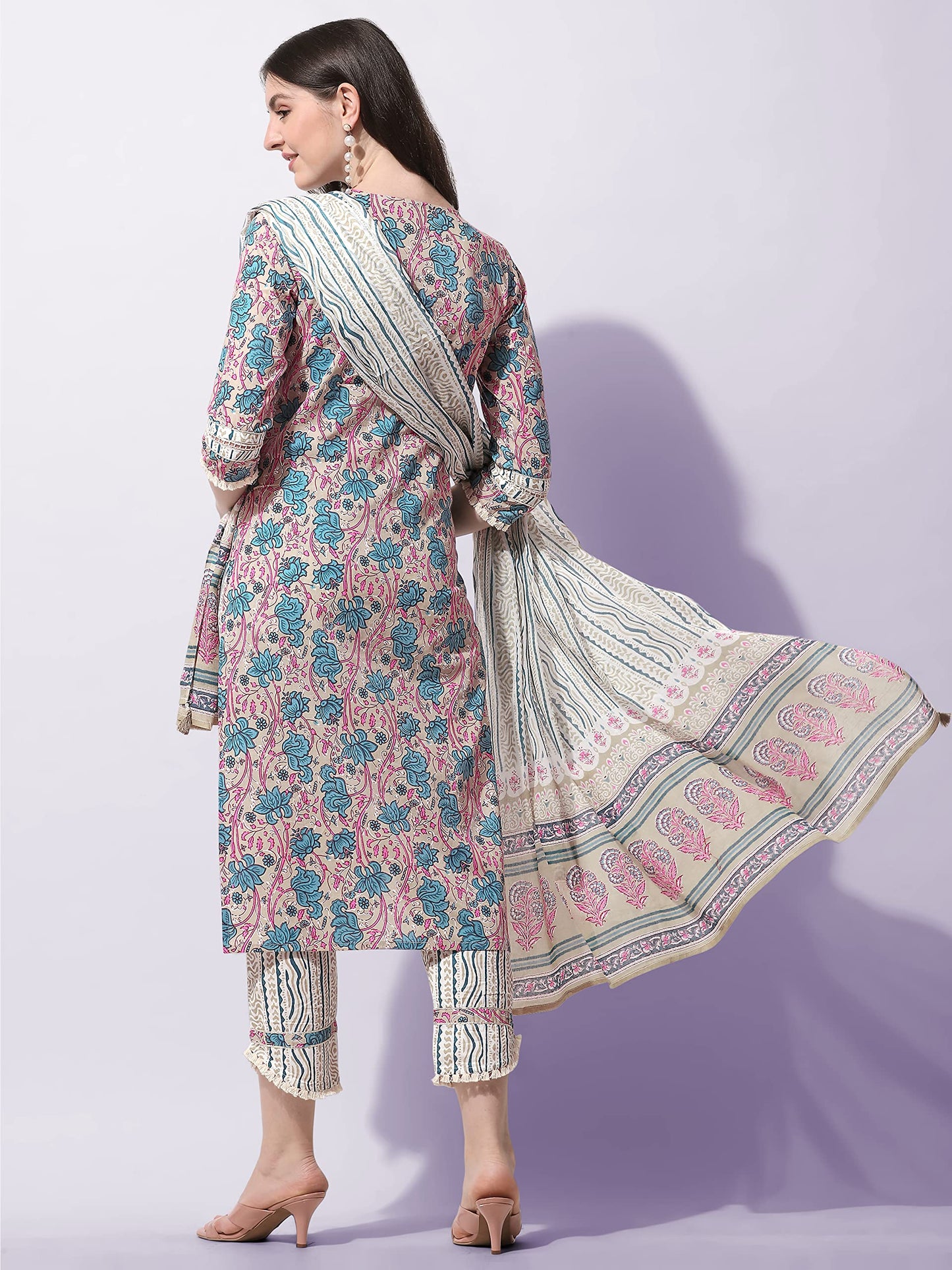 Women's Straight Fit Cotton Floral Printed and Embellished Kurta Set with Trouser Pant and Dupatta