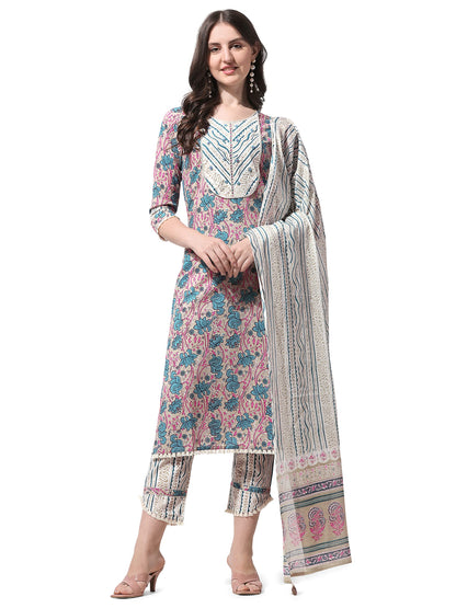 Women's Straight Fit Cotton Floral Printed and Embellished Kurta Set with Trouser Pant and Dupatta