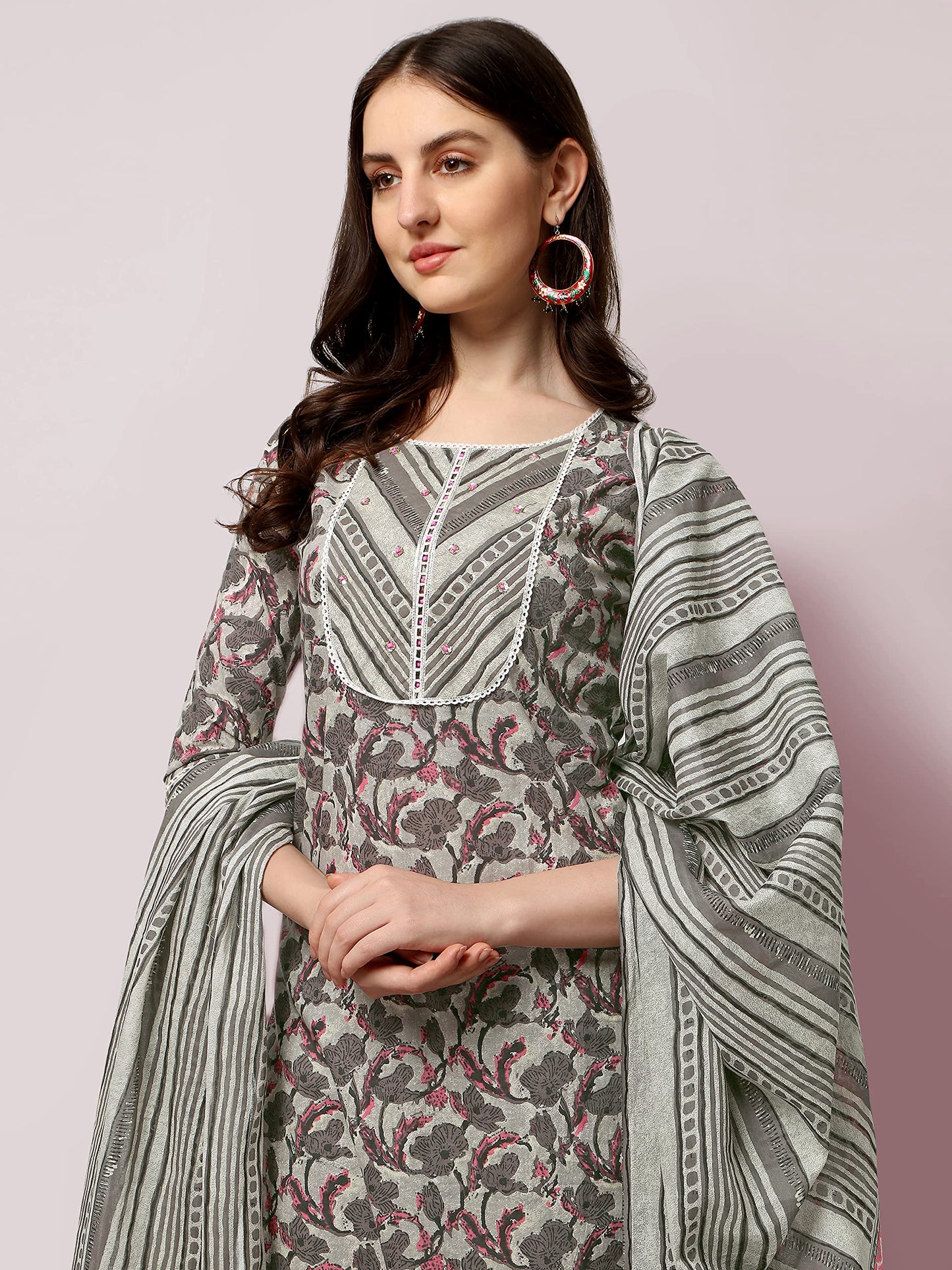 Women's Straight Fit Cotton Floral Printed and Embellished Kurta Set with Trouser Pant and Dupatta