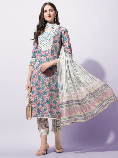 Women's Straight Fit Cotton Floral Printed and Embellished Kurta Set with Trouser Pant and Dupatta