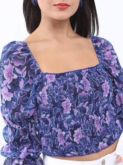 Floral Print Casual Blue Top